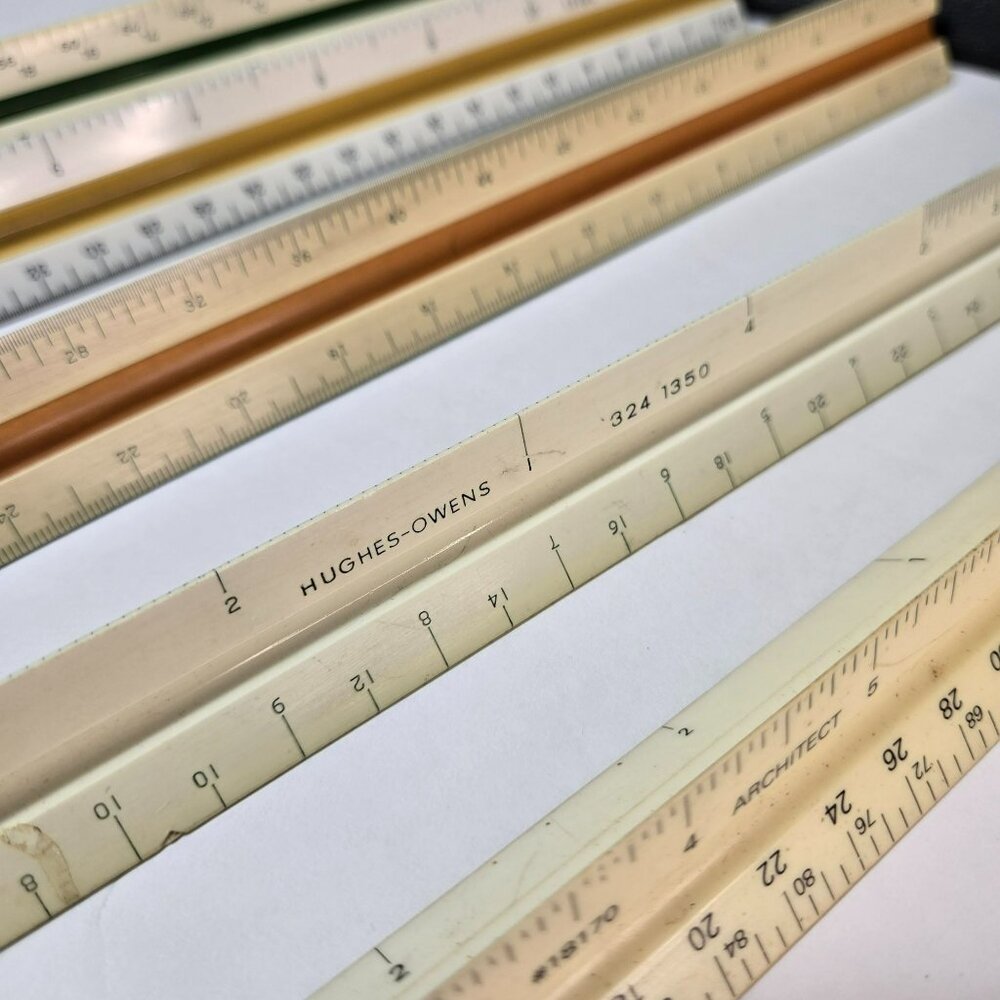 LOT (5) VTG 12" Engineer Architect Triangular Rulers Helix Hughes-Owens Keuffel - Picture 3 of 13